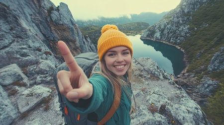 Backpacker with a bright yellow beanie takes a selfie, making a peace sign while standing on rocky terrain with breathtaking views behind her.の素材