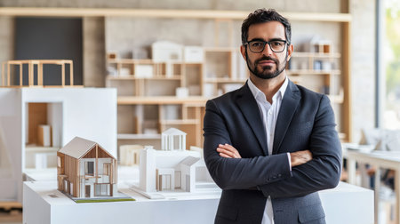 Architect posing confidently with arms crossed in a modern white office, surrounded by house models and innovative blueprints.の素材