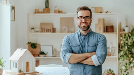 Close-up portrait of a young, confident architect crossing arms and smiling with a house model and blueprints in a bright, white modern office.の素材