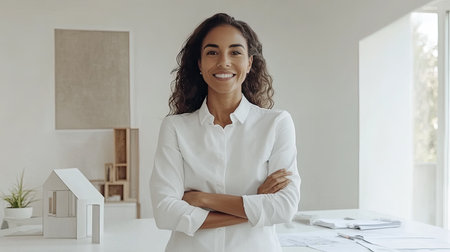 Beautiful architect smiling confidently with arms crossed, standing near a house model and blueprints in a clean, white modern office.の素材