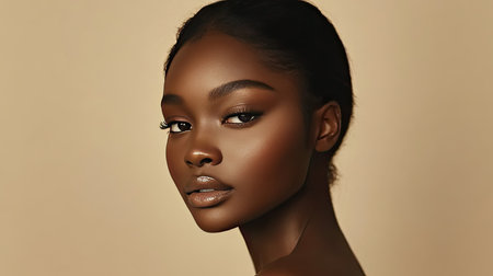 Beautiful woman with smooth skin and natural makeup poses on a neutral beige background, exuding effortless elegance and sophistication.の素材