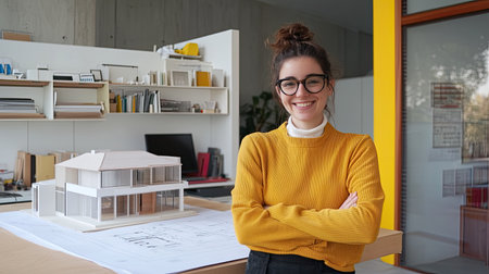 Beautiful young architect crossing arms and smiling confidently beside a house model and design blueprints in a bright, modern workspace.の素材