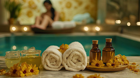 Beautiful spa setting with herbal oils, towels, and flowers, while a blurred masseuse massages a customer's feet in the background.の素材