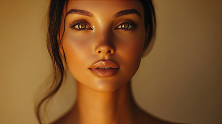 Beauty portrait of a confident woman with glowing skin, her features softly lit against a warm beige background for an elegant aesthetic.の素材