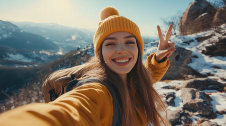 Cheerful young woman in a yellow beanie and backpack takes a victory-sign selfie while standing on a rugged mountain peak, snowcapped rocks in view.の素材