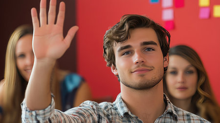 Close-up of a male project manager raising his hand to ask questions during a presentation led by a confident female leader using colorful sticky notes.の素材