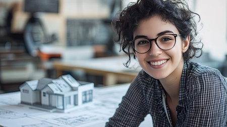 Close-up portrait of a young architect smiling confidently beside a house model, with blueprints displayed in a sleek office.の素材