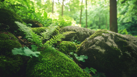 Close-up of delicate ferns and moss growing over mossy boulders in a peaceful forest, with soft dappled sunlight.の素材