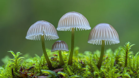 Detailed shot of Mycena inclinata mushrooms with delicate stems and umbrella-like caps, growing in the wild.の素材