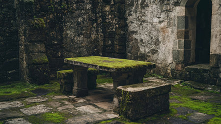 Ancient stone table in the medieval cloister of Convento dos Capuchos, surrounded by moss-covered walls and rustic stonework.の素材