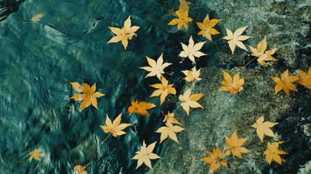 Golden autumn leaves drift on the Oirase River, adding warmth to the cool, flowing waters in the verdant forests of Aomori, Japan.の素材