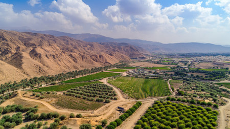 Aerial panorama of an advanced potato farm in a desert region, with drip irrigation systems sustaining crops in harsh Middle Eastern climates.の素材