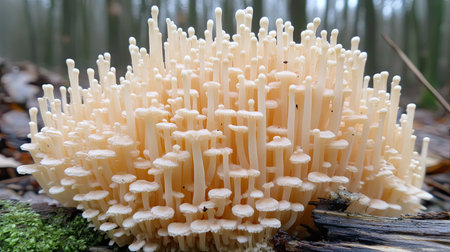Detailed shot of Mycena inclinata mushrooms forming a dense cluster on rotting wood, with blurred woodland in the background.の素材