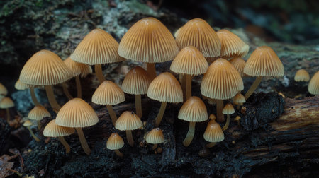 Close-up of Mycena inclinata clustered bonnet mushrooms growing on decaying wood in a lush forest, with soft natural lighting.の素材