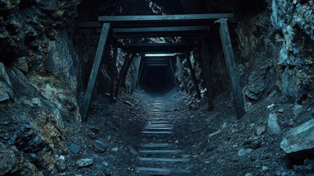 Dark tunnel deep inside an abandoned mine, with rough rock walls and decaying wooden supports, evoking a sense of mystery.の素材
