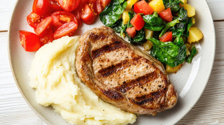 Gourmet pork steak dish, featuring rich mashed potatoes and a vibrant spinach tomato salad, beautifully plated on a white wooden table.の素材