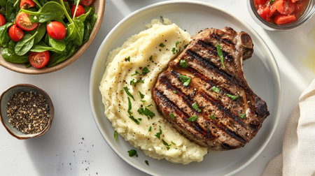 Flat lay of a gourmet meal, featuring tender grilled pork steak, creamy mashed potatoes, and a bright spinach tomato salad, on a white table.の素材