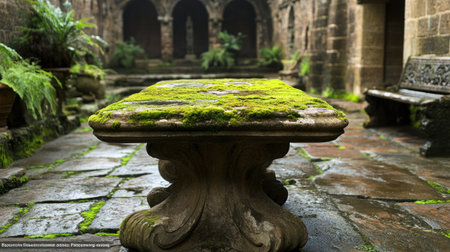 High-resolution close-up of a mossy stone table in the cloister of the Capuchin Monastery, highlighting its historic charm.の素材
