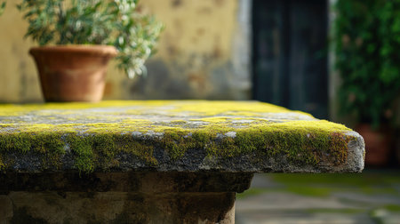 High-resolution close-up of a mossy stone table in the cloister of the Capuchin Monastery, highlighting its historic charm.の素材
