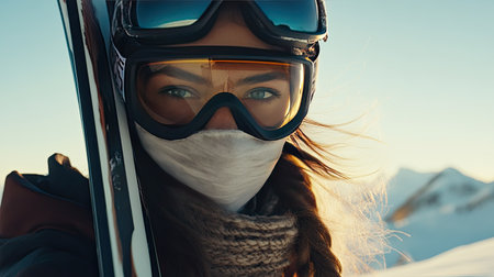 Close-up of woman wearing ski goggles and mask, carrying skis on her shoulder. Snowy hills and clear skies stretch behind her.の素材