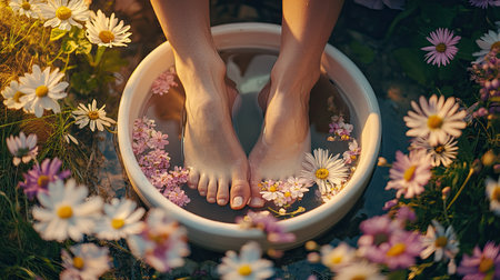 A couple dipping their feet in a floral water bowl, relaxing in a spa environment with soft lighting and natural elements.の素材
