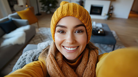 Attractive young housewife relaxes on a sofa, smiling at the camera as she takes a selfie, surrounded by bright and cozy home interiors.の素材