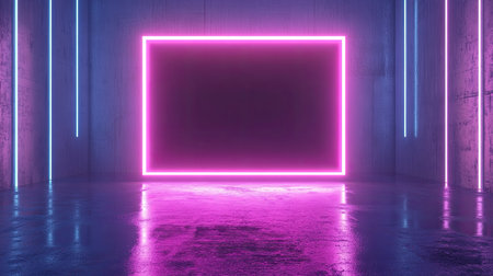 Abstract neon background with a holographic blank frame, glowing in ultraviolet tones.の素材