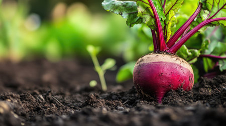 A beetroot growing in a garden, its earthy texture and deep red skin contrasting with dark soil.の素材