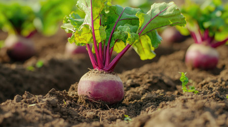 A close-up of a beetroot growing in an organic farm, its leafy tops stretching above the soil.の素材