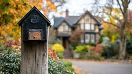 A black mailbox mounted on a wooden post, with a vintage-style home in the background.の素材