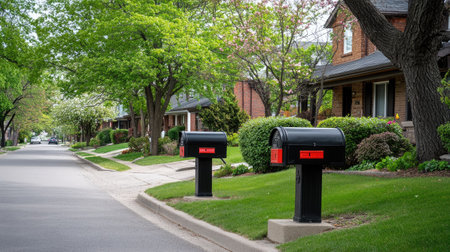 A black and brown mailbox pair, both with red flags raised, standing in a peaceful neighborhood street.の素材