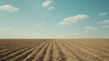 A breathtaking view of a potato field under a clear blue sky, stretching far into the distance.の素材