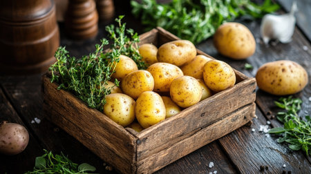 A farm-to-table setting featuring a wooden box filled with golden potatoes next to fresh herbs.の素材