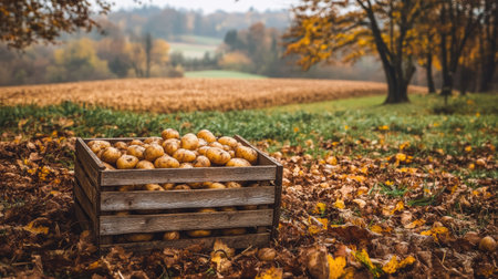 A charming countryside scene with a wooden box of freshly harvested potatoes placed in a field.の素材