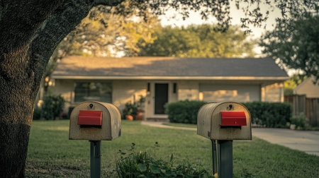 A charming suburban home in the background with two modern mailboxes in the foreground, their red flags up.の素材