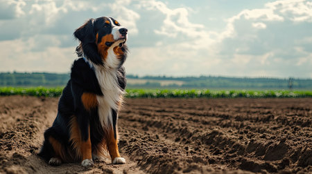 A farm dog sitting beside a newly planted potato field, watching the horizon.の素材