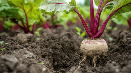 A close-up of a beetroot still in the ground, with moist soil clinging to its textured surface.の素材