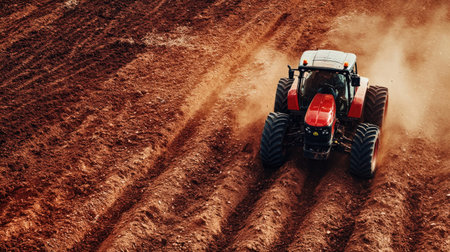 A high-angle view of a tractor working its way through a potato field, optimizing soil health.の素材