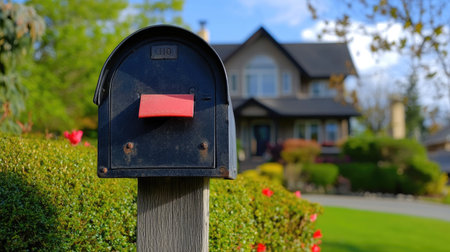 A black metal mailbox with a red flag, mounted on a wooden post, with a picturesque home in the background.の素材