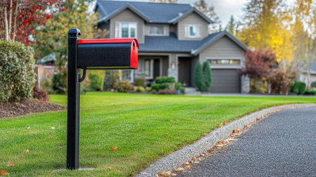 A classic black mailbox with a red flag, positioned next to a driveway leading up to a welcoming house.の素材