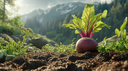 A fresh beetroot with red-veined leaves still rooted in the earth, ready for harvest.の素材