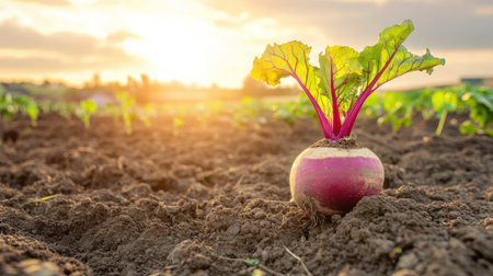 A low-angle shot of a beetroot growing in fertile soil, with its leafy tops glowing in golden sunlight.の素材