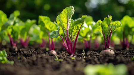 A close-up of beetroot plants growing in rows, with their roots barely peeking above the soil.の素材