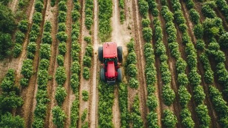 A high-angle view of a tractor working its way through a potato field, optimizing soil health.の素材