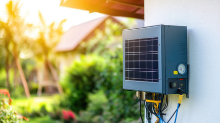 A home solar energy system showing a mounted inverter and meter box, with bright sunlight reflecting on the wall.の素材