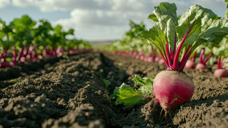 A field of beetroot plants, focusing on one vibrant root vegetable growing beneath the surface.の素材