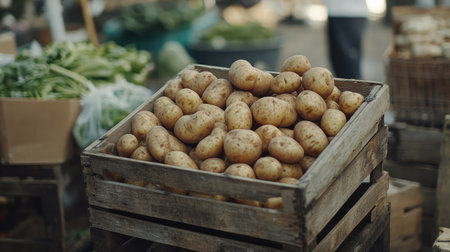 A beautiful display of fresh potatoes in a wooden crate, with soft-focus background of a farm setting.の素材