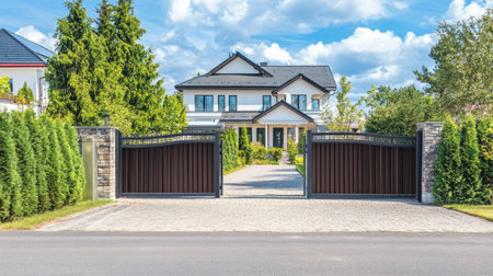 A luxurious residence with a tall anthracite panel fence, a stylish garage gate, and a structured slab driveway.の素材