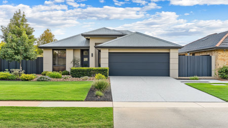 A minimalist residential fence in anthracite color, with a contemporary sliding gate and a slab driveway in front.の素材