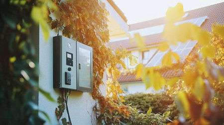 A residential solar inverter system with an electrical meter box, capturing sunlight from nearby solar panels.の素材